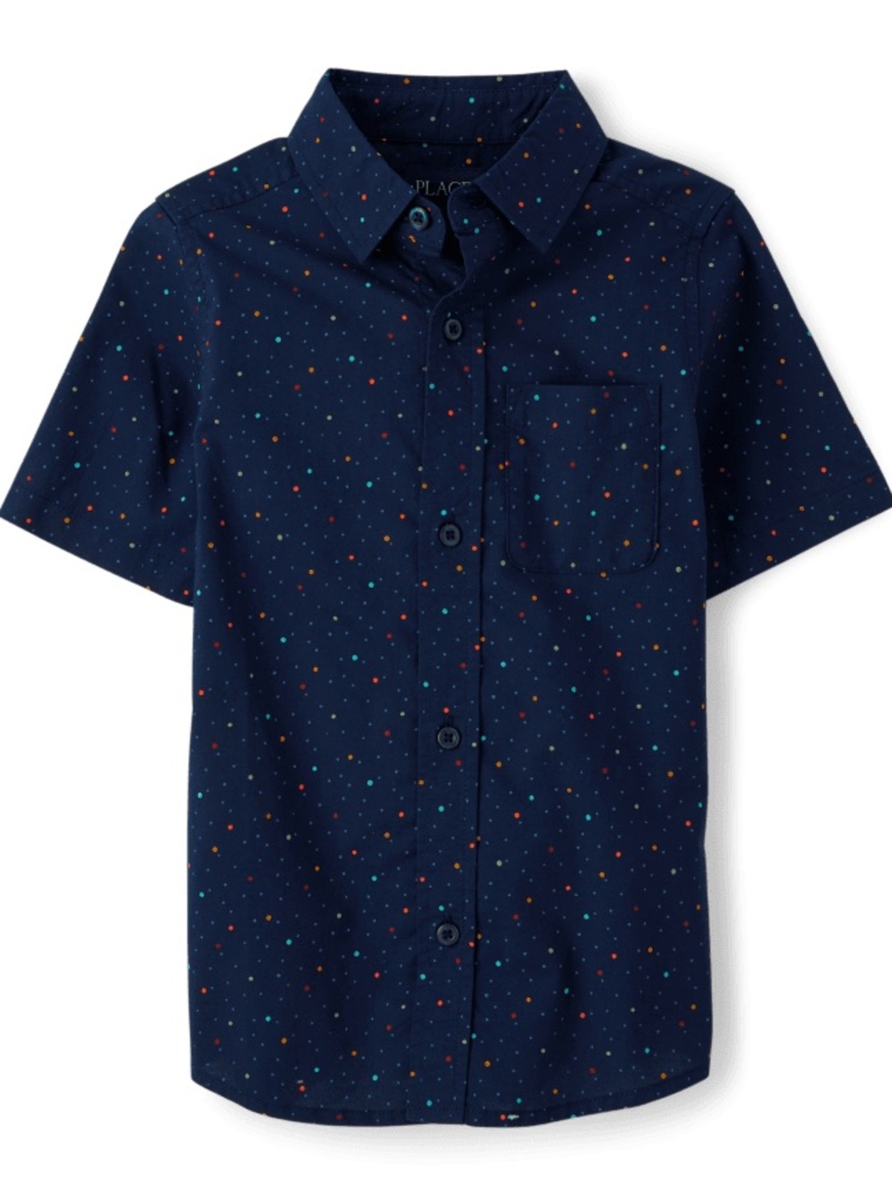 Boys' Navy Short Sleeve Button-Up Shirt with Multicolor Dot Print